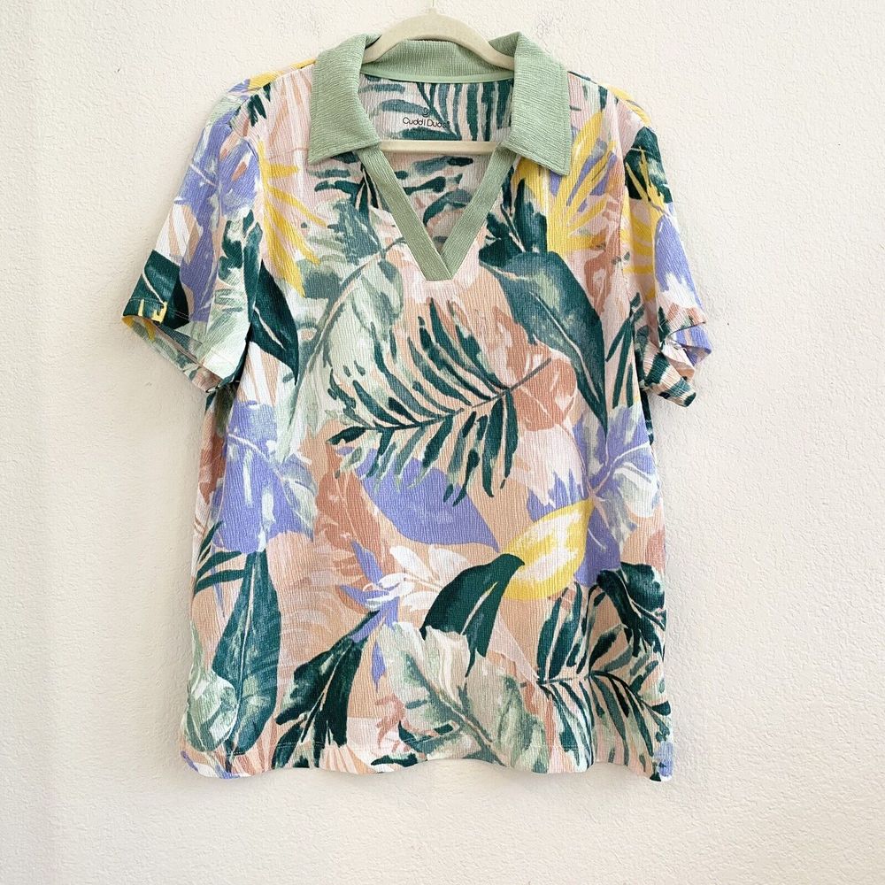 Cuddl Duds Women’s‎ Pink Green Floral Print Short Sleeve Blouse Large Collared